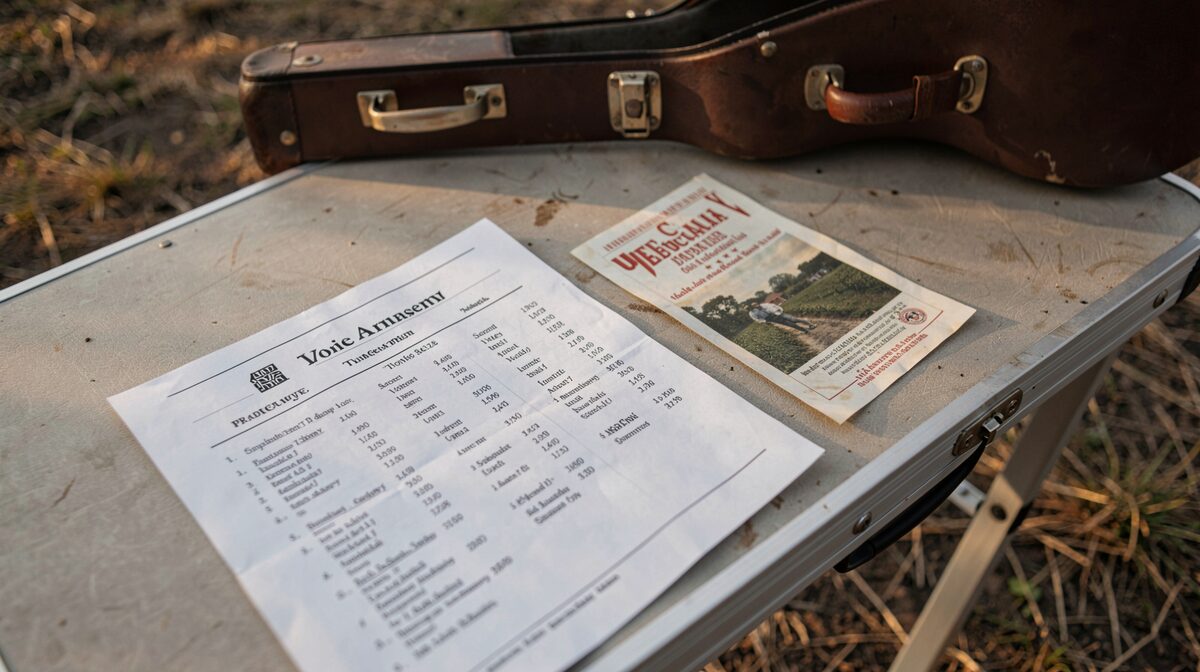 A folding table at the edge of a reenactment field, late afternoon light, with a printed programme, a tune list, and a handbill laid flat beside a fiddle case, shot from above at close range.