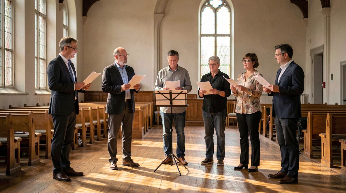 Five singers standing in a loose semicircle in a church fellowship hall, each holding a single printed part, a music stand between them, late afternoon light from tall windows falling across the floor.