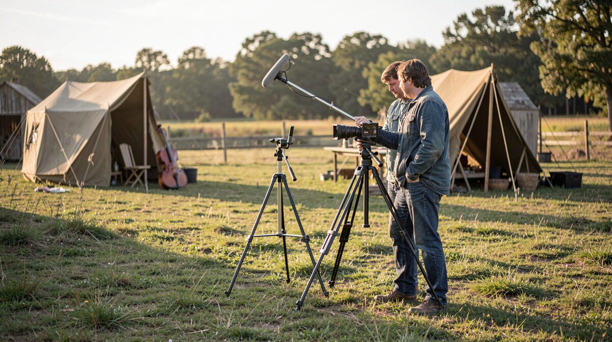 A two person crew sets a tripod and a microphone stand on a grassy field at a living-history site, late afternoon sun raking across a fiddle and a canvas tent behind them.